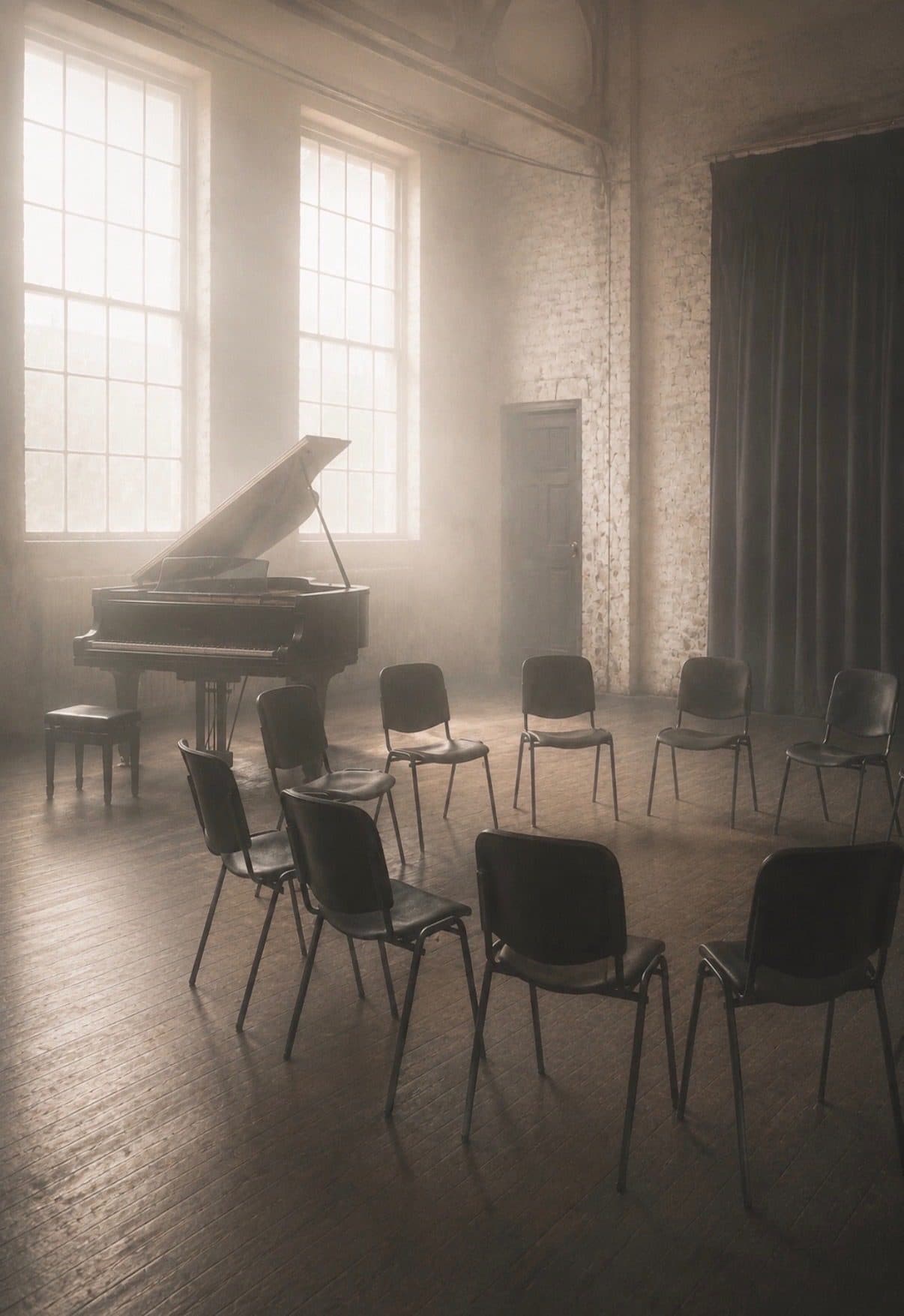 An empty circle of chairs around a grand piano in a sunlit, atmospheric rehearsal room